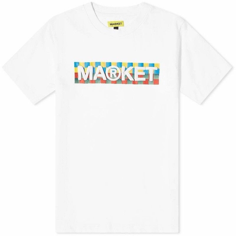 Market Men's Checkered Bar Logo T-Shirt In White Streetwear Size Large Cotton